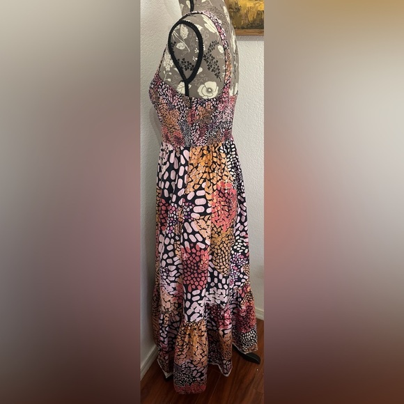 Anthropologie Geisha Designs Smocked Maxi Dress in Black, pink and orange- Small - Picture 3 of 11